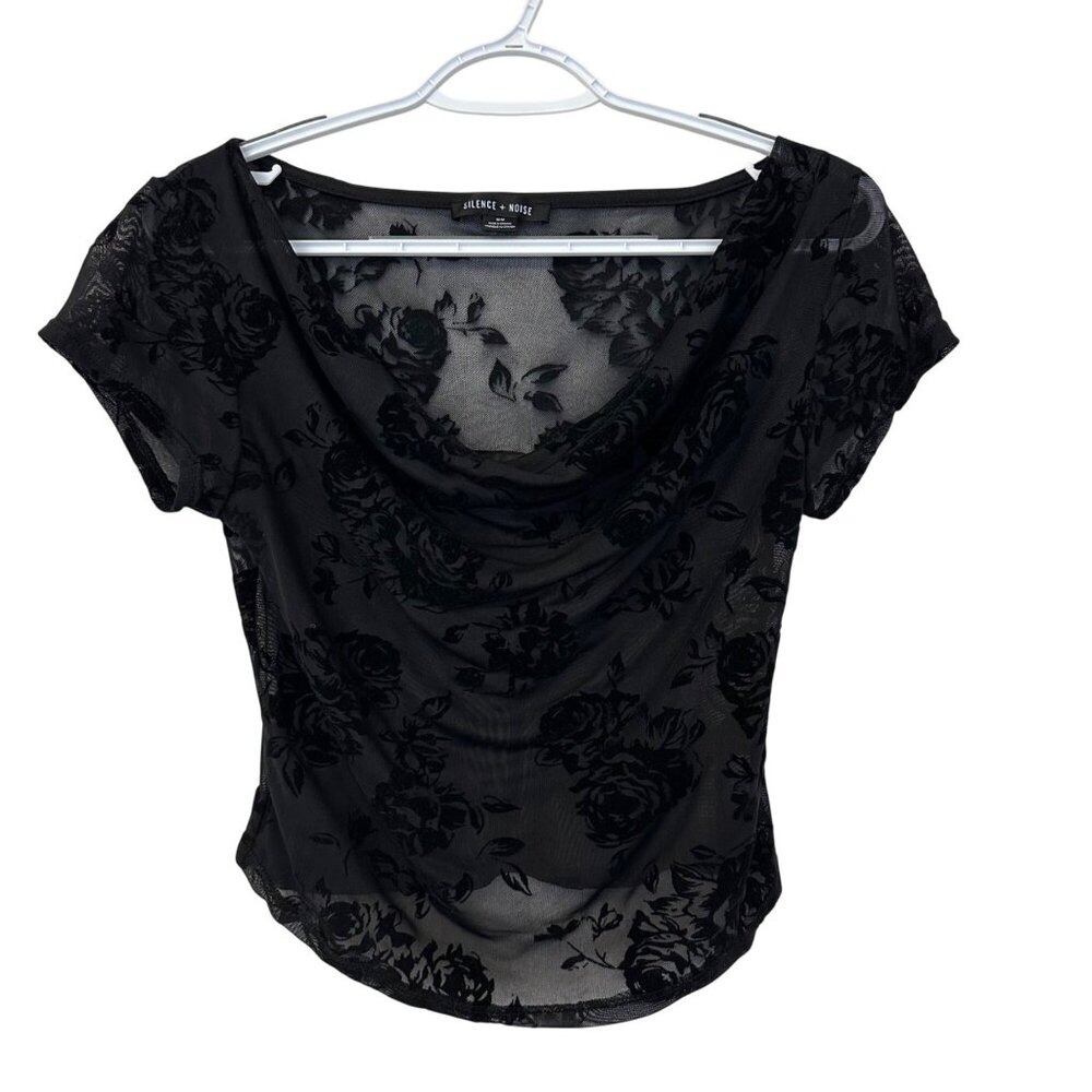 Silence + Noise Velvet Sheer Floral Babydoll Shirt Top Size M Black Whimsigoth